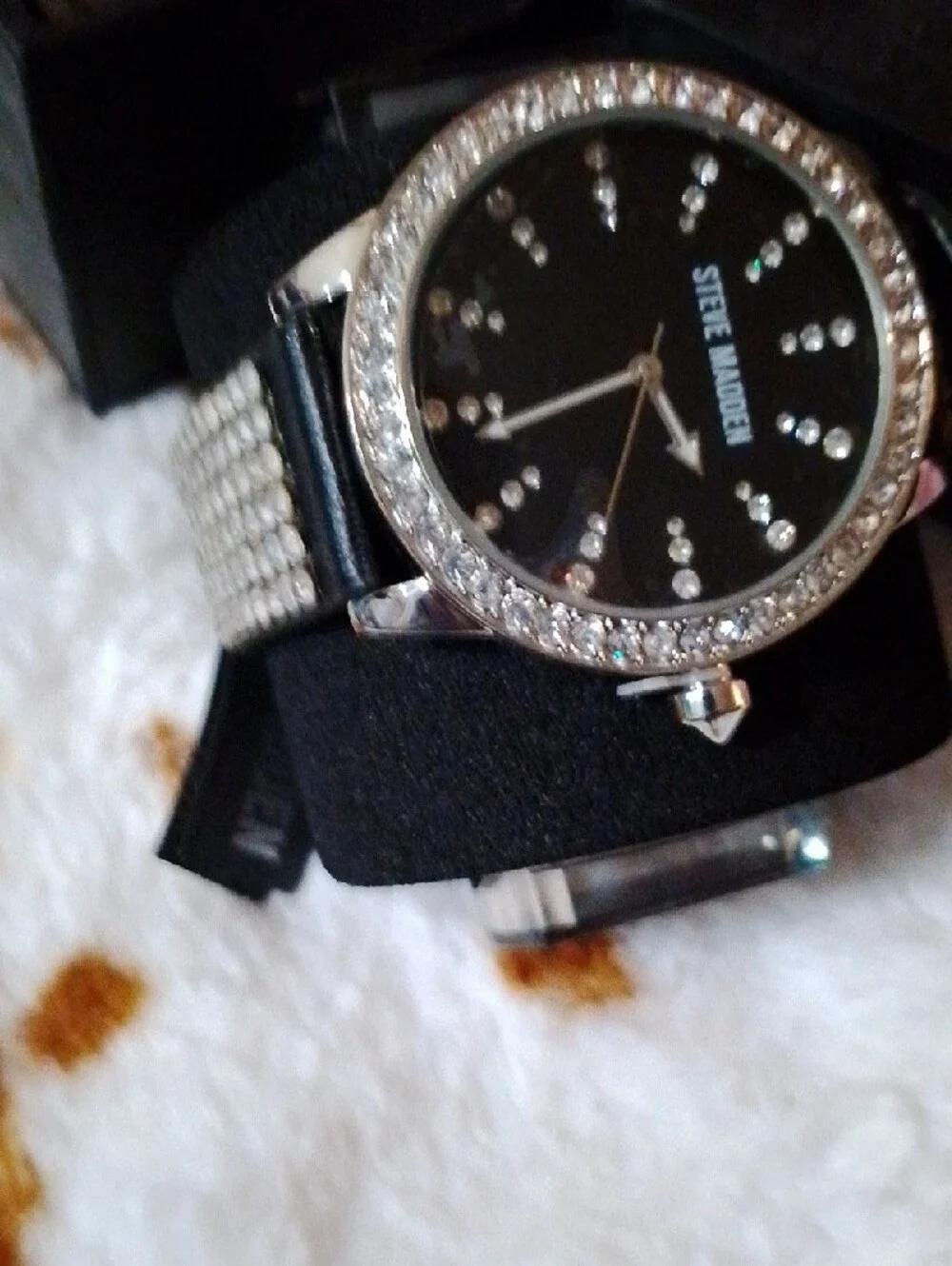 Steve Madden Black and Silver Crystal-Accent Women's Watch